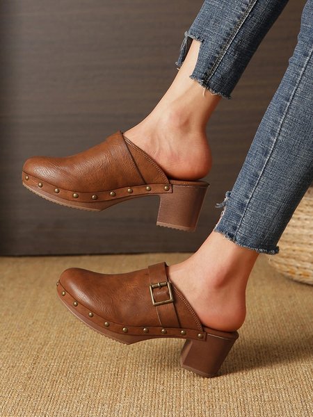 

Vintage Buckle Riveted Block Heel Mules, Brown, Oxfords