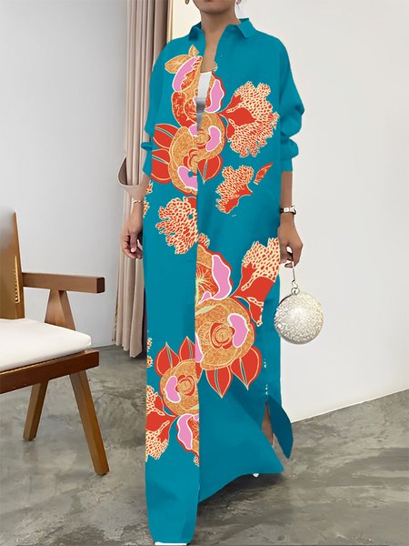 

Regular Fit Urban Long Sleeve Random Print Shirt Collar Shirt Maxi Dress, As picture, Maxi Dresses