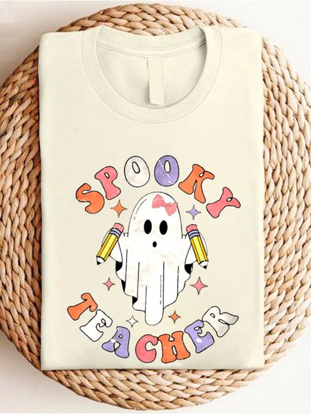 

Casual Halloween Text Letters Crew Neck Long Sleeve T-shirt, Apricot, T-shirts