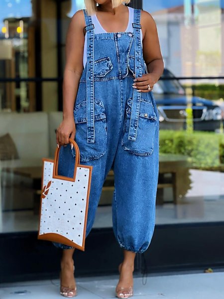 Loose Casual Plain Denim Pockets Bib Pants, Blue, Jumpsuits