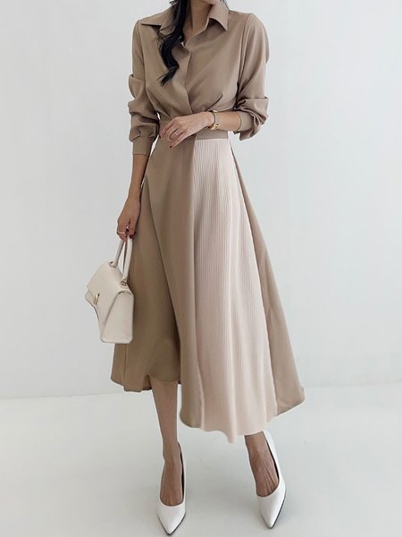 Elegant Color Block Long Sleeve Pleated Shirt Dress, Khaki, Maxi Dresses