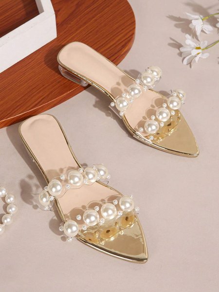 

Elegant Faux Pearl Double Strap Slide Sandals, Golden, Sandals