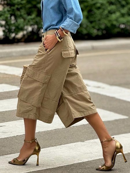 

Plus Size Plain Casual Pockets Fashion Cargo Pants, Khaki, Plus Pants