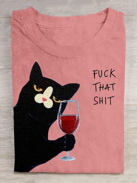 

Casual Cat Crew Neck Short Sleeve T-shirt, Orange pink, T-shirts