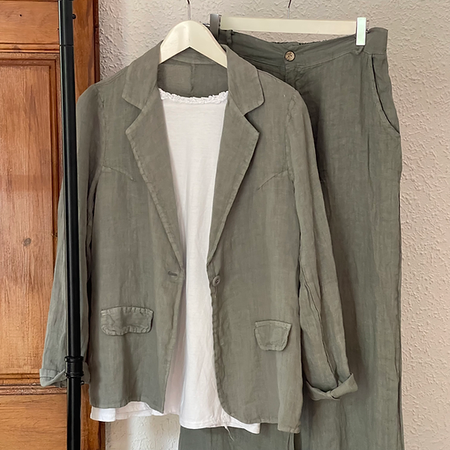 Lapel Collar Cotton And Linen Casual Blazer, Gray, Outerwear