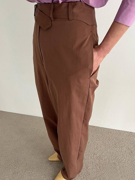 

Urban Plain Regular Fit Pocket Stitching Pants With Belt, Brown, Pants