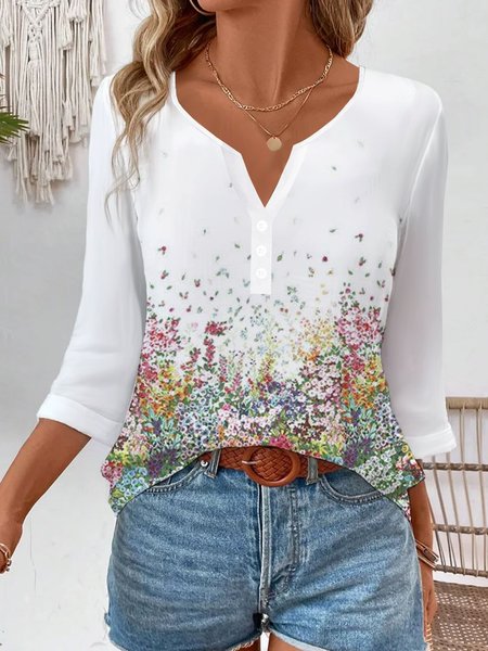 

Casual Floral Notched Three Quarter Sleeve T-shirt, White, T-shirts