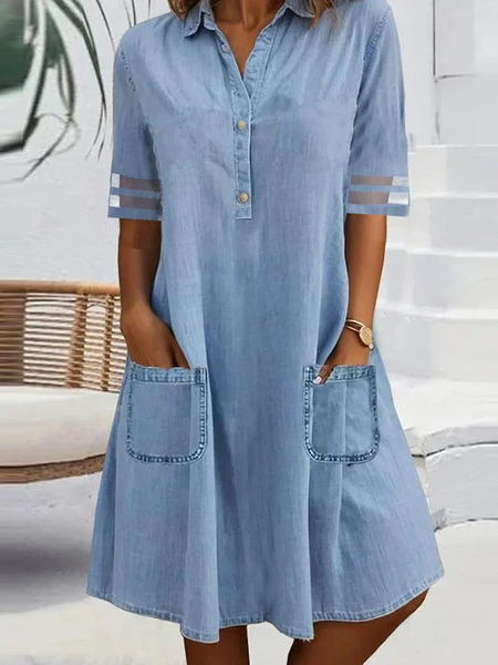 

Women's Half Sleeve Summer Plain Pocket Stitching Denim Dress Shirt Collar Daily Going Out Casual Midi H-Line Shirt Dress Blue, Dresses