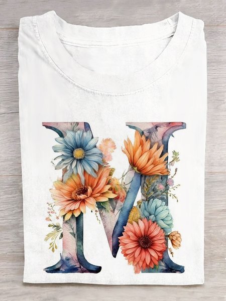 Floral Text Letters Casual T-Shirt, White, T-shirts