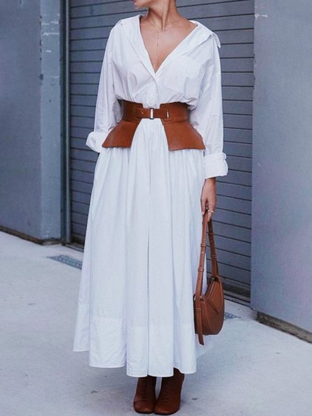 

Loose Plain Urban Raglan Sleeves Pocket Stitching Dress With Belt, White, Maxi Dresses
