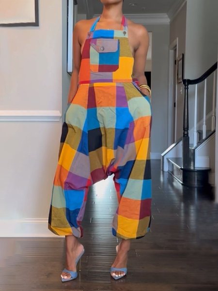 

Casual Plaid Halter Loose Jumpsuit, As picture, Jumpsuits