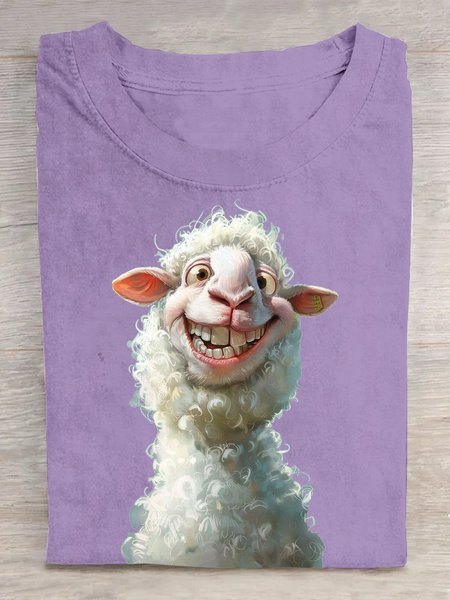 Casual Animal Crew Neck Short Sleeve T-shirt, Purple, T-shirts