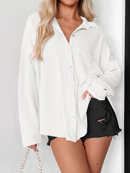 

Shirt Collar Long Sleeve Plain Regular Loose Blouse For Women, White, Shirts