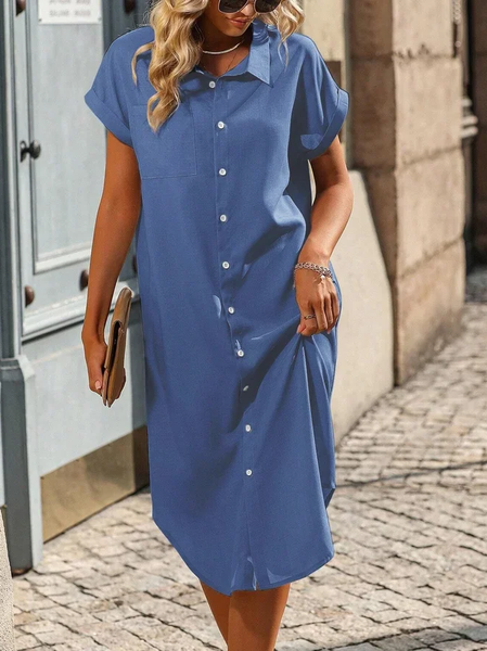 Women Plain Shirt Collar Short Sleeve Comfy Casual Midi Dress, Blue, Dresses
