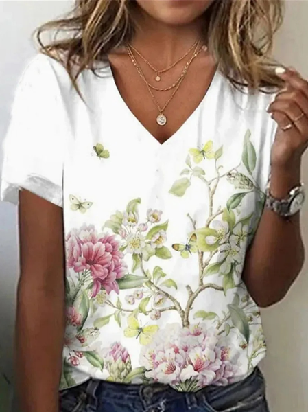 

Casual Floral V Neck Short Sleeve T-shirt, White, T-shirts