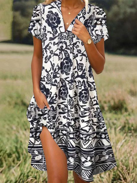 

Women Floral Shawl Collar Short Sleeve Comfy Casual Midi Dress, Blue-white, Midi