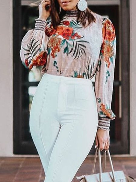 

Elegant Floral Daily Loose Stand Collar Blouse, As picture, Blouses and Shirts