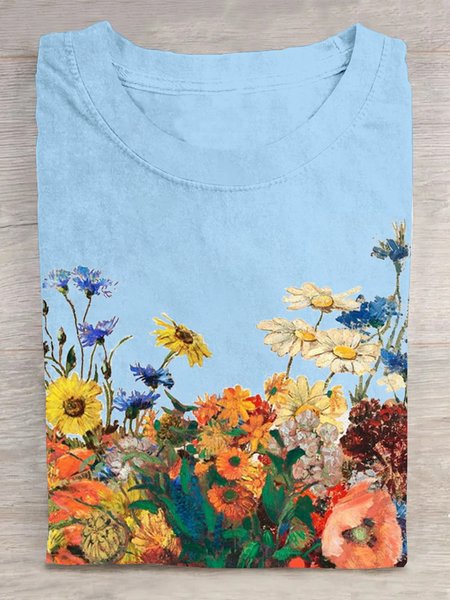 

Casual Floral Crew Neck Short Sleeve T-shirt, Sky blue, T-shirts