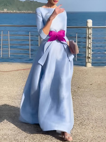 

Elegant Dress With Belt And Bow Accessory, Blue, Maxi Dresses