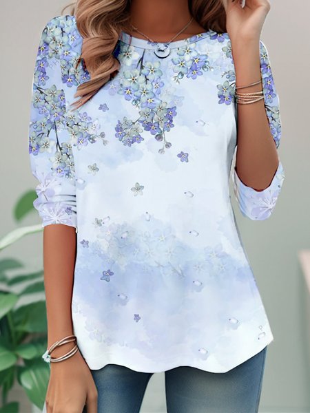 

Casual Floral Crew Neck Long Sleeve T-shirt, Blue, T-shirts
