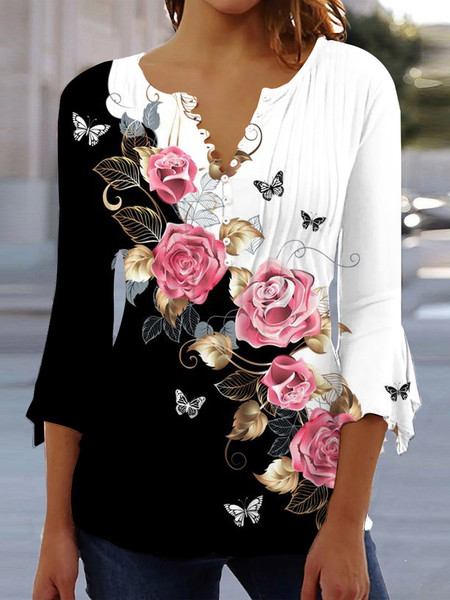 

Notched Three Quarter Sleeve Floral Regular Micro-Elasticity Loose Blouse For Women, Black-white, Blouses