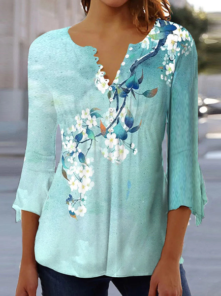 

Casual Floral Crew Neck Three Quarter Sleeve T-shirt, Blue, Blouses