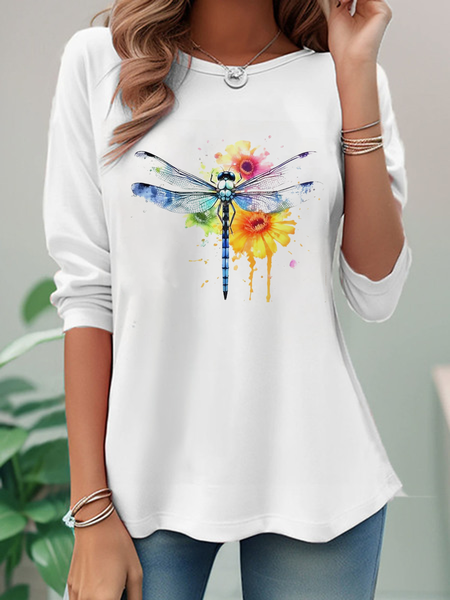 Casual Dragonfly Crew Neck Long Sleeve T-shirt, White, T-shirts