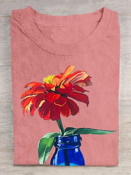 

Crew Neck Casual Cotton Loose T-Shirt, Orange pink, T-shirts