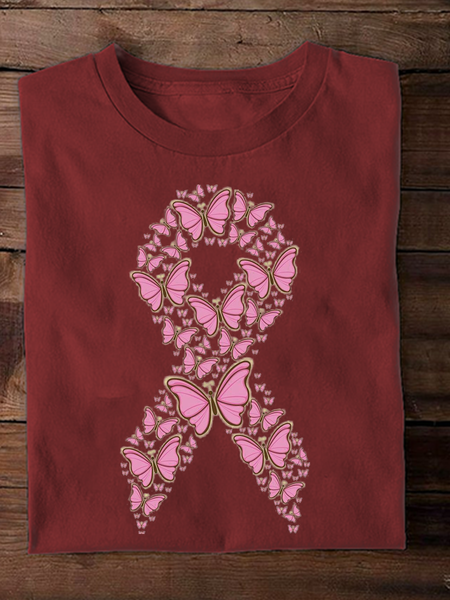 Casual Butterfly Crew Neck Long Sleeve T-shirt, Wine red, T-shirts