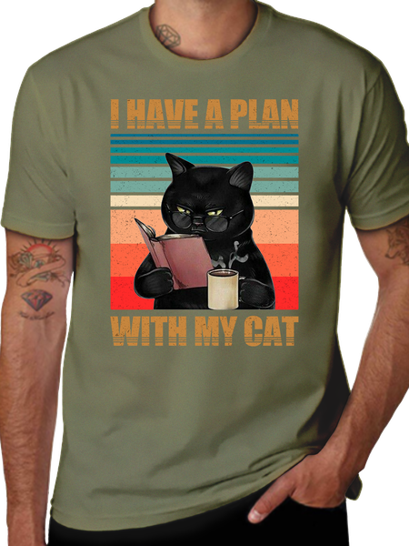 

I HAVE A PLAN WITH MY CAT CREW NECK T-SHIRT, Army green, T-shirts