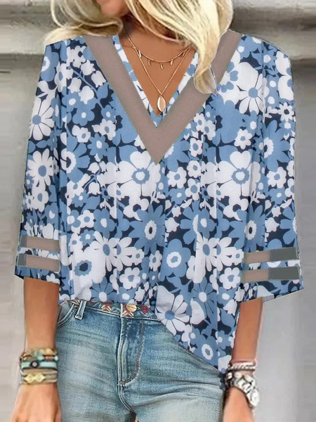 

V Neck Half Sleeve Floral Regular Loose Blouse For Women, Blue, Blouses