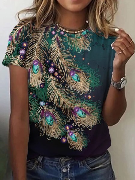 

Women's Peacock Short Sleeve Tee T-shirt Crew Neck Casual Summer Top, Dark green, T-Shirts