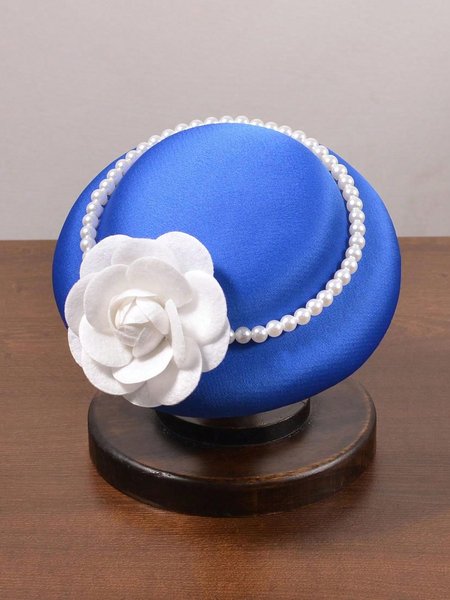 

Elegant Camellia Imitation Pearl Satin Party Hat, Blue, Hats