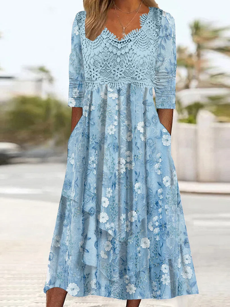 

Women Floral Crew Neck Long Sleeve Comfy Casual Lace Maxi Dress, Blue, Dresses