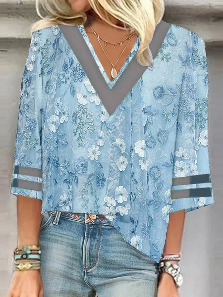 V Neck Half Sleeve Floral Regular Loose Blouse For Women, Blue, Blouses