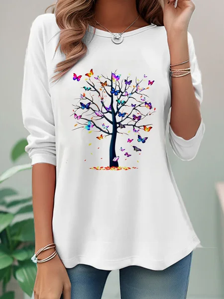

Casual Tree Crew Neck Long Sleeve T-shirt, White, T-shirts