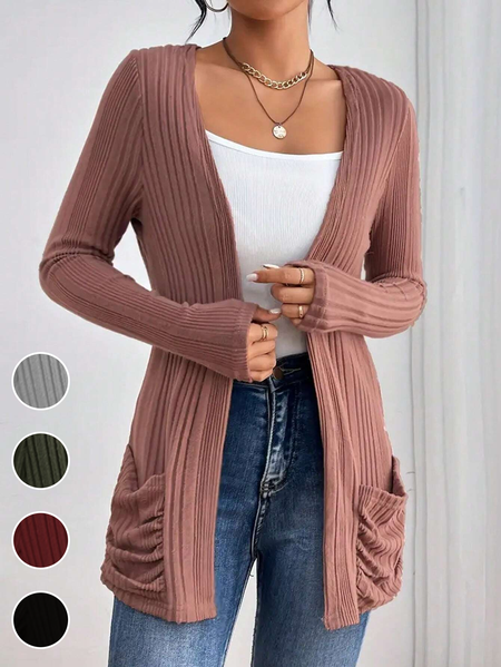 Loose Casual Pocket Stitching Knitted Kimono, Brick red, Outerwear
