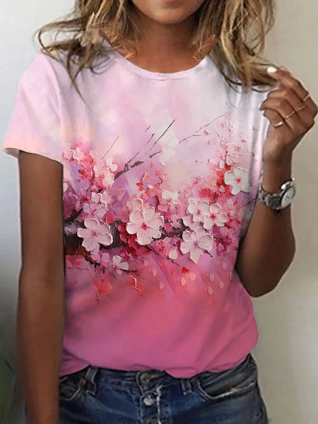 

Casual Floral Crew Neck Short Sleeve T-shirt, Pink, T-shirts