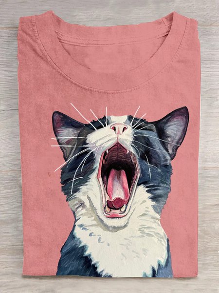 

Casual Cat Crew Neck Short Sleeve T-shirt, Orange pink, T-shirts
