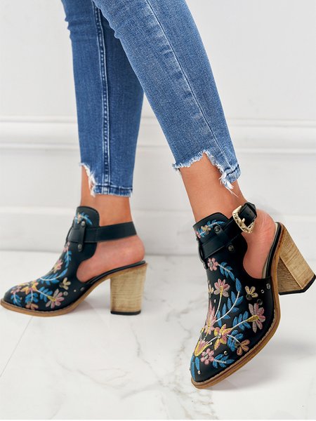 

Vintage Floral Embroidered Studded Slingback Boots, Black, Boots