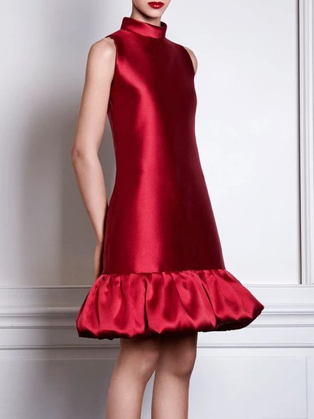 

Plain Stand Collar Elegant Regular Fit Party Dress, Red, Midi Dresses