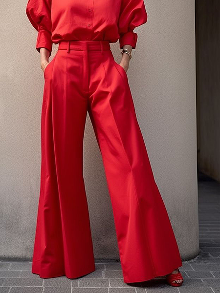 

Loose Plain Urban Long Pants Wide leg pants, Red, Pants