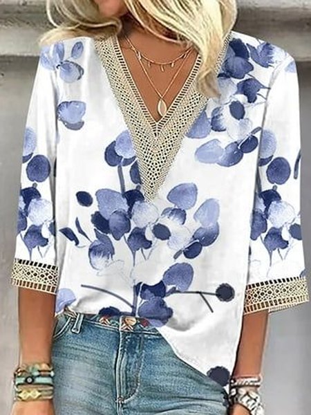 

V Neck Half Sleeve Floral Regular Loose Blouse For Women, White, Blouses