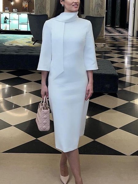 

Elegant Regular Fit Plain Long Sleeve Midi Dress, White, Midi Dresses