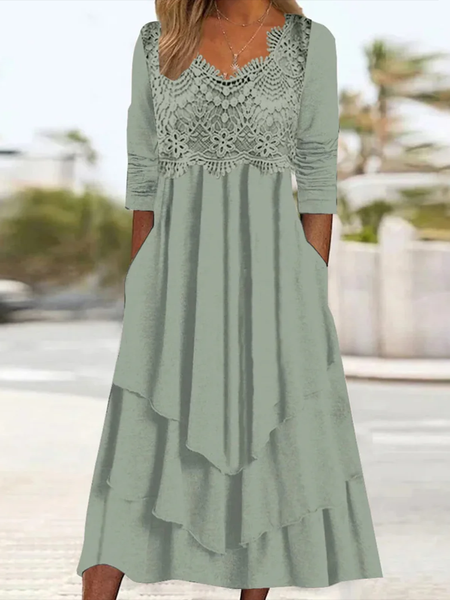 

Women Plain V Neck Long Sleeve Comfy Casual Lace Midi Dress, Green, Maxi