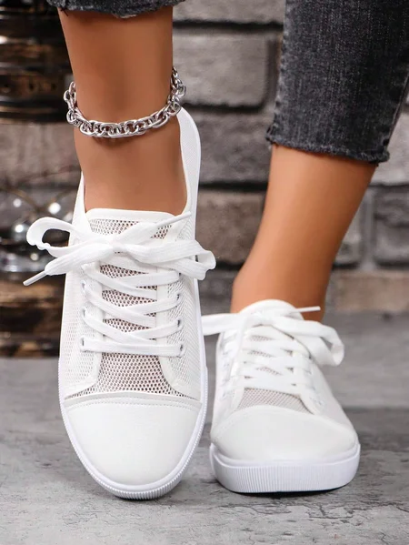 

Mesh Fabric Plain All Season Canvas Shoes, White, Flats