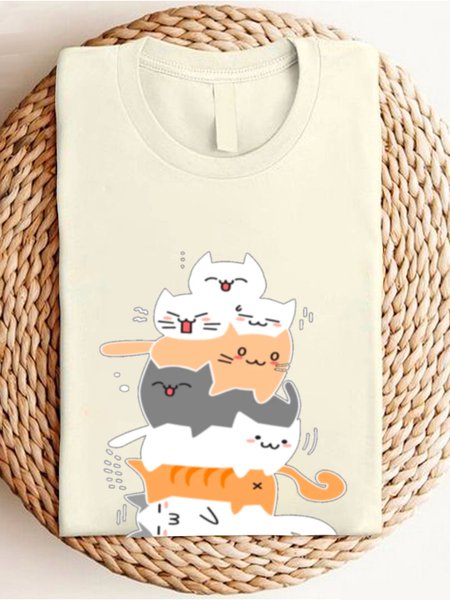 

Casual Cat Crew Neck Long Sleeve T-shirt, Apricot, T-shirts