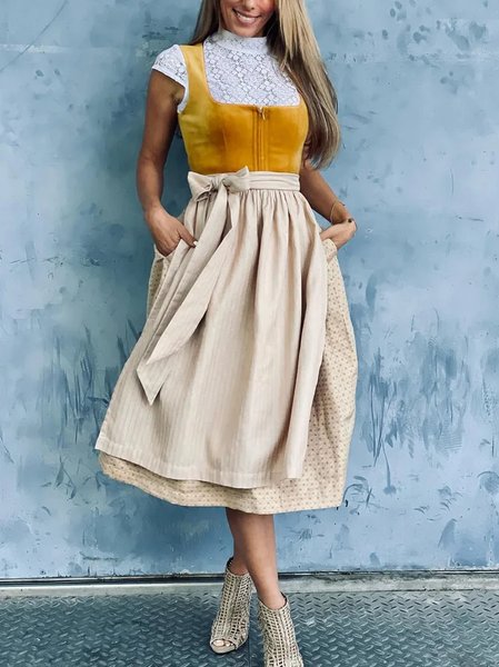 

Women Polka Dots Square Neck Short Sleeve Comfy Vintage Lace Midi Dress, Yellow, Dresses