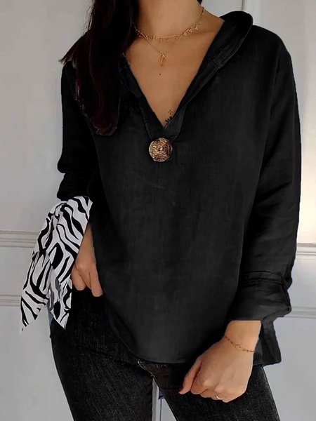 

Hoodie Long Sleeve Plain Buckle Regular Loose Blouse For Women, Black, Blouses