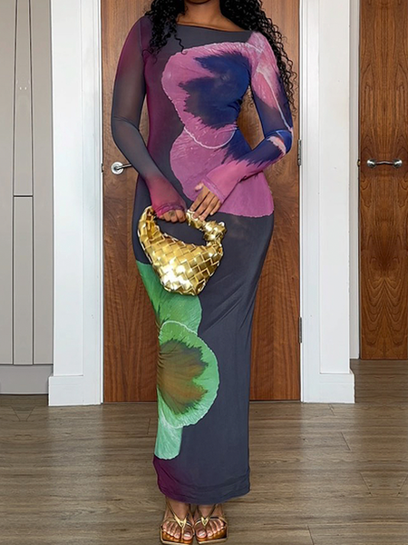 

Tight High Elasticity Floral Regular Sleeve Long Sleeve Elegant Maxi Dress, As picture, Maxi Dresses